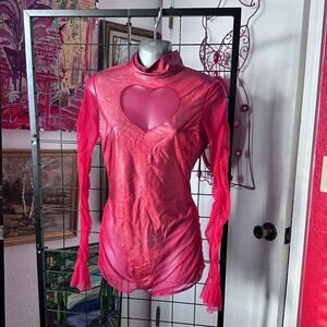 Forplay Pink Heart Cutout Long Sleeve Bodysuit Romper